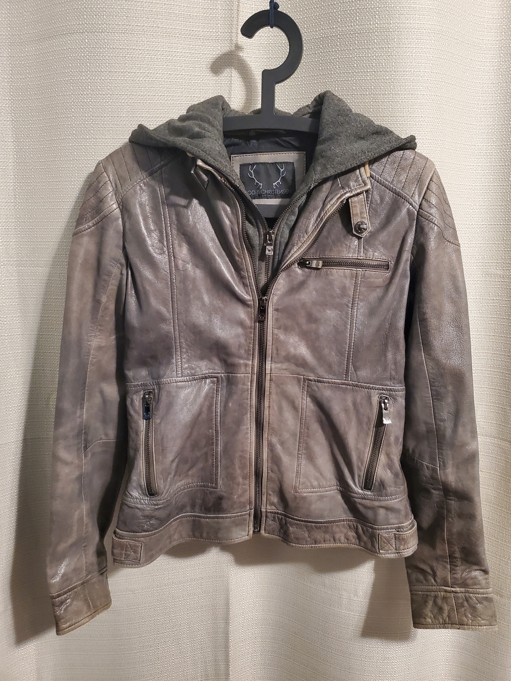 Bod & Christensen Women's Distressed Gray Leather Jacket with Removable Hood
